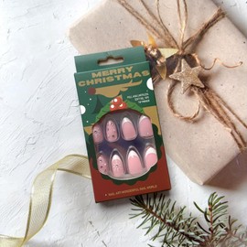 Short Almond Press on Nails Christmas French Tip Fake Nails Luxury Rhinestones Design False Nails Glossy Snowflake Acrylic Nails Pink Glue on Nails White Nail Tip Stick on Nails for Women Girls
