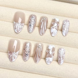 Handmade Press on Nails Medium Almond False Nails with 5D White Starfish Design Water Ripple Swirl Fake Nails Glossy Waterdrop Shell French Tip Stick on Nails Skin Tones Nails for Women Manicure 24Pcs