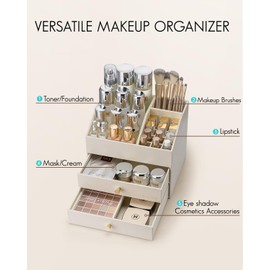 Vlando Makeup Organizer for Vanity,Large Capacity Countertop Organizer with Drawers, PU Leather Cosmetic Display Case for Lipstick,Brushes,Skincare,Bathroom and Bedroom Storage (White)