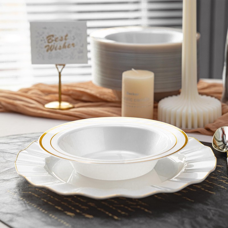 50 Pack 12oz Peal White Plastic Bowls with Gold Rim
