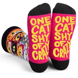 One Cat Shy of Crazy Socks - Funny Gift for Cat Parents, Pet Owners and Animal Lovers - Unisex One Size for Adults and Teens