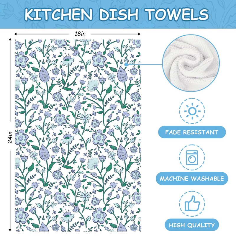 6 Pack Floral Kitchen Towels Blue Dish Cloth Quick Dry