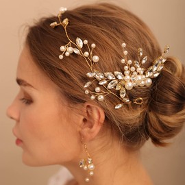Jumwrit Bridal Headband Earrings and Hair Comb Set Wedding Pearl Rhinestone Headband Dangle Earrings Gold Bride Hair Comb Handmade Headpiece Wedding Hair Accessories (Rose Gold)