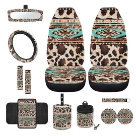 Wanyint Aztec Cow Print Brown Teal 12 Pcs Front Car Seat Cover Set with Bucket Seat Cover Steering Wheel Cover Seat Belt Pad Armrest Cover Coaster Trash Bag Air Vent Bag Rearview Mirror Cover Keychain