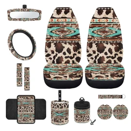 Wanyint Aztec Cow Print Brown Teal 12 Pcs Front Car Seat Cover Set with Bucket Seat Cover Steering Wheel Cover Seat Belt Pad Armrest Cover Coaster Trash Bag Air Vent Bag Rearview Mirror Cover Keychain