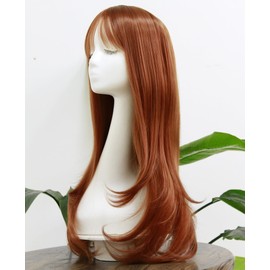 Fabutio Copper Brown Bang Wigs Wavy Fringe Wigs Heat Resistant Synthetic Wig Girls Fashion Costume Wig Party Wigs, 22 Inch