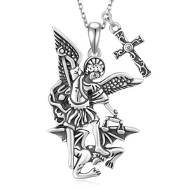 Archangel Michael Necklace for Men 925 Sterling Silver Cross St Michael Necklace Protection Amulet Jewelry Gifts for Men Women Father Husband 22"+2" Chain