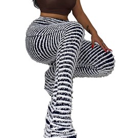 Vaceky Women's Stacked Fuzzy Pants High Waist Black and White Striped Bell Bottoms Street Casual Sweatpants