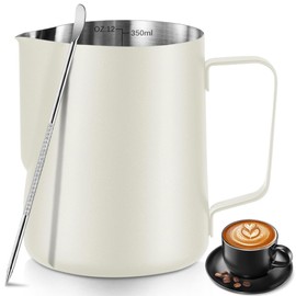 Frothing Milk Pitcher, 12 oz/350 ml Stainless Steel Frothing Milk Jug with Latte Art Pen,with Internal Measurements, for Cappuccino, Espresso and More（White）