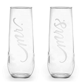 Hortense B. Hewitt Mr & Mrs Champagne Flutes Stemless Glasses, Set of 2, 8.5-Ounce