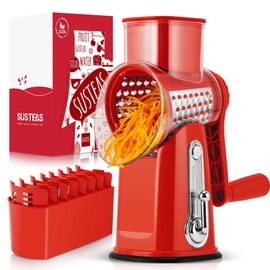 SUSTEAS Rotary Cheese Grater with Handle - Vegetable Shredder with 5 Well-designed Blades & Strong Suction Base,Round Mandoline Slicer & Food Chopper for Kitchen,with Blade Storage Box(Red)