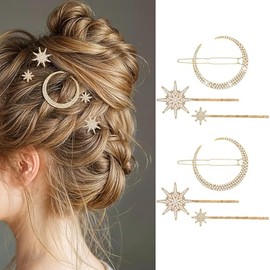 6 Pcs Clips de Pelo,Pinzas para el Pelo con Forma de Luna y Estrella,Estilo Vintage con Diamantes de Imitación y Copos de Nieve para Novias y Bodas,Doradas