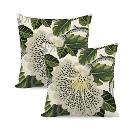 MangGou White and Green Flower Cushion Covers Grey Black Floral Green Leaf Square Pillow Cover Chinoiserie Throw Pillowcase Double Side Print Pillow for Sofa Couch Car Chair 16x16in Set of 2