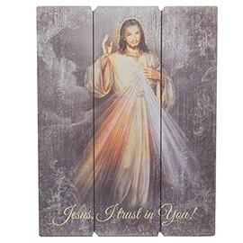 C B 15 inch Pallet Style Divine Mercy Wall Art | Jesus, I trust in you! | Beautiful Catholic Home Decor | Great Gift for Confirmation, Housewarming, and Weddings | Rustic Farmhouse Style, grey