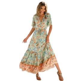 R.Vivimos Womens Summer Cotton Short Sleeve V Neck Floral Print Casual Bohemian Midi Dresses (Medium, Aqua-Floral)