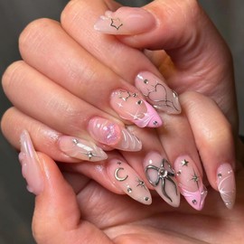 24 Pcs 3D Handmade Press on Nails Almond False Nails with Heart Bow Design Pink French Tip Fake Nails Medium Length Artificial Nails Cute Acrylic Nails Press ons Reusable Stick on Nails for Women