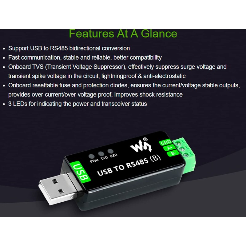 Industrial USB TO RS485 Bidirectional Converter Onboard CH343G Chip, Multi-Protection