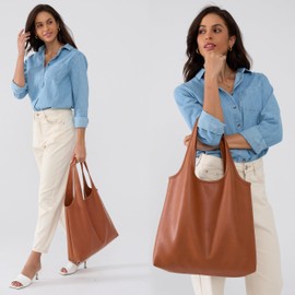 HOXIS Women's Hobo Bag Soft Vegan Leather Tote Oversized Slouchy Handbag for Shopping,Weekender,Work (Brown)