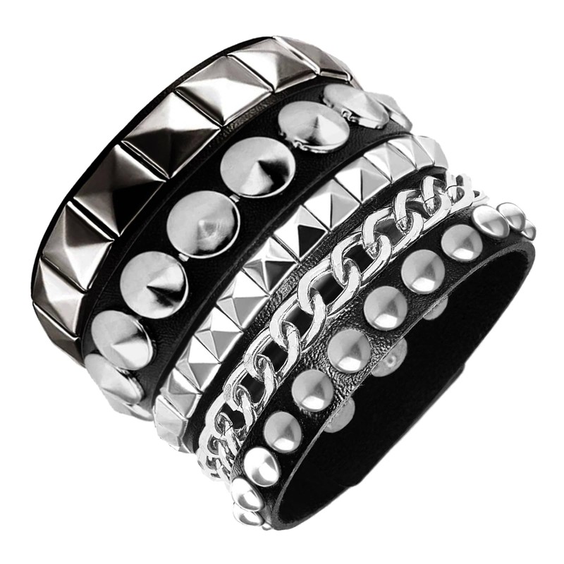 Tosmifairy 3 Pieces Punk Rock Leather Bracelets for Women Pop