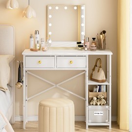 3IngSeagulls White Vanity Desk Without Mirror for Bedroom, Makeup Desk with 2 Fabric Drawers, Vanity Desk with Iron Hook, 36 Inches Vanity with Storage, White