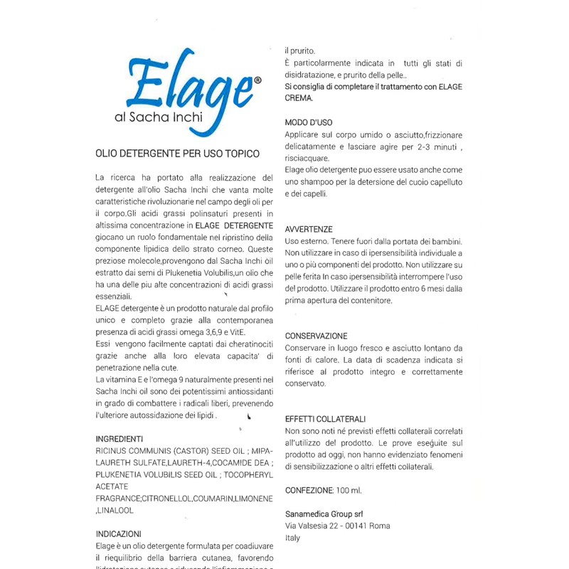 Sanamedica Group Elage Olio Detergente Al Sacha Inchi 100 ml