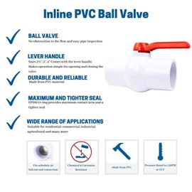 CMI Inc 4" Inline PVC Ball Valve - 4-in Single Handle Shut-Off Valves - Slip Solvent Schedule 40 Pipe Connector - EPDM Seal Schedule 40 - White Polyvinyl Chloride Piping for Sewer Hose Swimming Pool