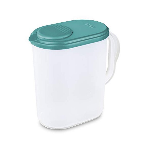 Sterilite 1 Gallon Pitcher Blue Atoll Lid and Tab with Clear Base Freezer and Dishwasher Safe for Water Tea Juices BPA-free and phthalate-free