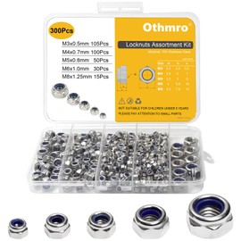 300pcs Locknuts Assortment Kit M3 M4 M5 M6 M8 Hex Nuts Set 304 Stainless Steel Metric Assorted Self-Locking Nylon Insert Right Hand External Hex Drive with Plastic Box