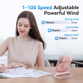 GOCKERA Desk Fan, 6.61''Ultra-thin 5000mAh Battery Powered Fan with Powerful Wind,100 Speeds Adjustable&Digital Display,Timer,Ultra-quiet Small Portable Fan for Bedroom,Office,Travel,Summer Essentials