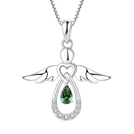 FJ Women’s Chain Guardian Angel Pendant Necklace in 925 Sterling Silver, Angel Chain with Cubic Zirconia Birthstone, Jewellery Gifts for Women and Girls