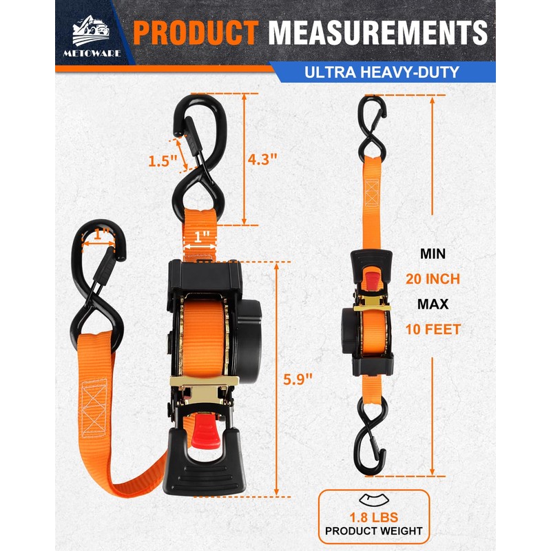 METOWARE Retractable Ratchet Straps (2-Pack) - 1 in x 10