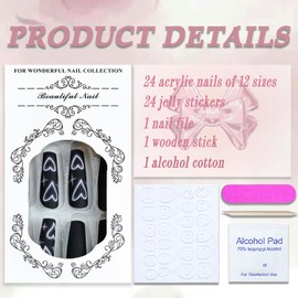 Valentines Press on Nails Long Square Black French Tip Fake Nails Matte Full Cover Pink Heart False Nails with Designs Glitter Glue on Nails Acrylic Manicure Artificial Nails for Women Girls 24Pcs