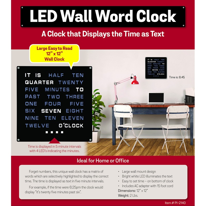 Tech Tools LED Word Clock - Displays Time as Text