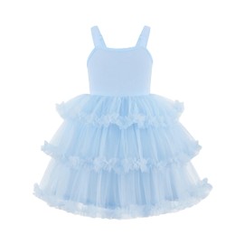 Arshiner Toddler Girls Tulle Dress Light Blue Tutu Dresses for Girl Birthday Party Princess Outfit Tiered Ruffle Fluffy Spaghetti Straps Ball Gown Summer Clothes 5-6 Years