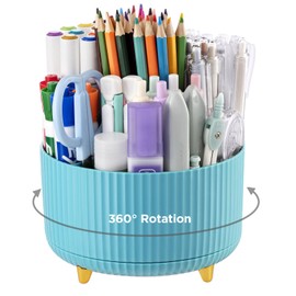 HBlife Pencil Pen Holder for Desk, 5 Slots 360° Degree Rotating Desk Organizers and Accessories, Desktop Storage Stationery Supplies Cute Pencil Cup Pot for Office, School, Home Supply, Light Blue