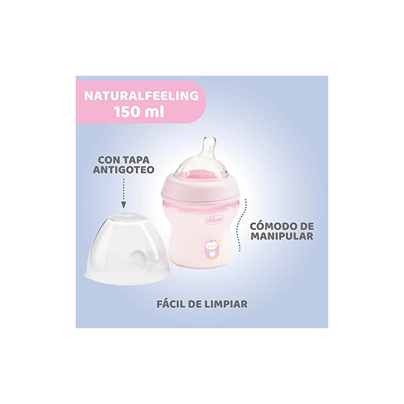 CHICCO, Biberón Natural Feeling, Color Rosa, 150 ml