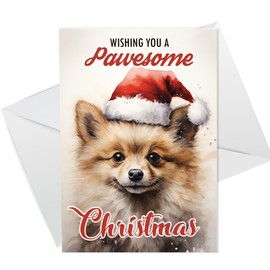 RED OCEAN Dog Christmas Card with Envelope Pawesome Greeting Card for Dog Lovers Funny Dog Christmas Card Pomeranian Christmas Cards