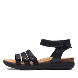 Clarks Women's April Dove Flat Sandal, Black Leather, 9