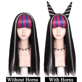 Peluca de 65 cm con clips para las orejas y collar con cuernos desmontables