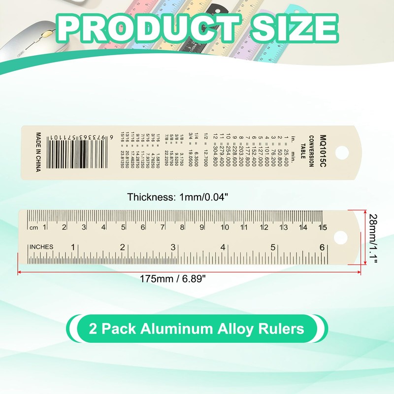 PATIKIL 15cm/6" Metal Ruler, 2 Pack Aluminum Alloy Rulers with