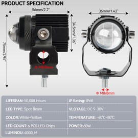 AUTOXBERT 2PCS Motorcycle LED Driving Fog Lights，60W High Low Beam White and Amber Lights Motorcycle Auxiliary Spotlight for Jeep Offroad ATV SUV