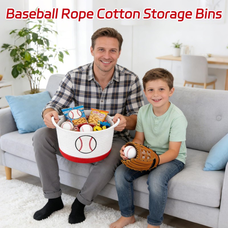 Baseball Woven Basket-Cute Cotton Rope Gift Basket Embroidered Baseball