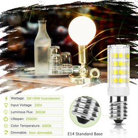 DiCUNO E14 Cooker Hood LED Bulb 3W, 30W Halogen Equivalent, 300LM, Cool White 6000K, E14 Ceramic Base, Non Dimmable Small Edison Screw for Fridge/Cooker Hood/Home Lighting, 2-Pack