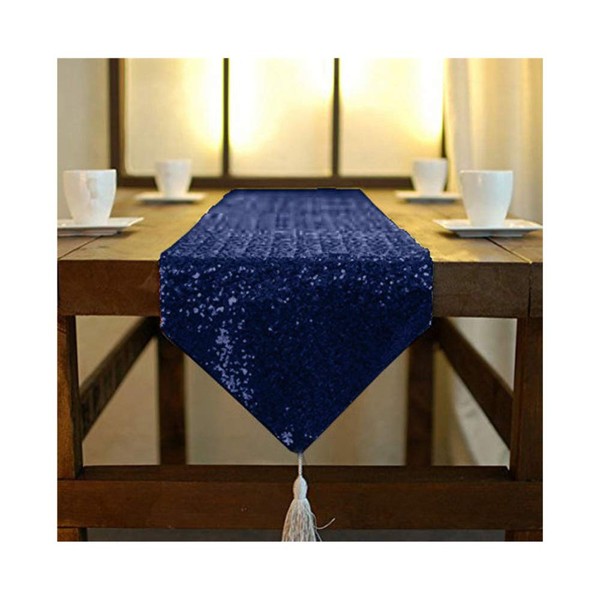ShinyBeauty Navy Blue Shimmer Sequin Table Runner Tassel 12x72in, Glitter