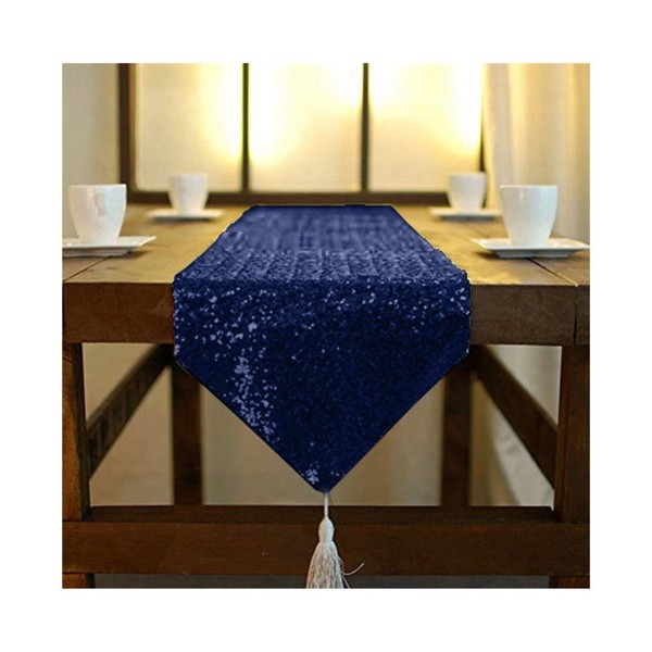 ShinyBeauty Navy Blue Shimmer Sequin Table Runner Tassel 12x72in, Glitter Sequins Fabric Table Runner with Tassel in Party Wedding Banquet Table Linen Layout or Decoration