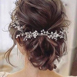 Handcess Bride Wedding Crystal Hair Vine Pearl Silver Headpiece Rhinestone Bridal Hair Accessories for Women and Girls (Silver)