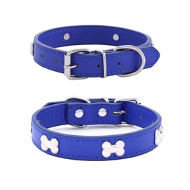 Campsis Adjustable Metal Buckle Dog Collar Royal Blue Leather Dog Collars Metal Bone Studded Puppy Collar Adjustable for Small Medium Large Dogs (L=11.0-14.2inch)