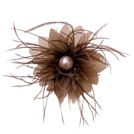 Lady Fascinator Feather Flower Brooch for Women Elegant Shell Pearl Mesh Blossom Hair Clip Wedding Corsage Lapel Pin Bridal Hairband Derby Hat Cocktail Party Costume Accessories (Brown)