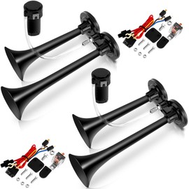 2 Pack 12V 150 dB Loud Air Horn Kit for Truck Boats Car with Air Compressor and Wire Harness Electric Train Horn Chrome Zinc Dual Trumpet Air Horns for Any 12V Vehicles(Black)