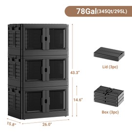 BROVIEW V7 Stackable Storage Bins, 115QT 26 Gal Closet Organizers and Storage with Doors, Plastic Collapsible Storage Bins with Lids and wheels, Folding Storage Box for Home Dorm, 3 Pack Black